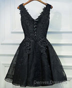 Black V Neck Lace Short Prom Dress, Homecoming Dress, Homecoming Dress