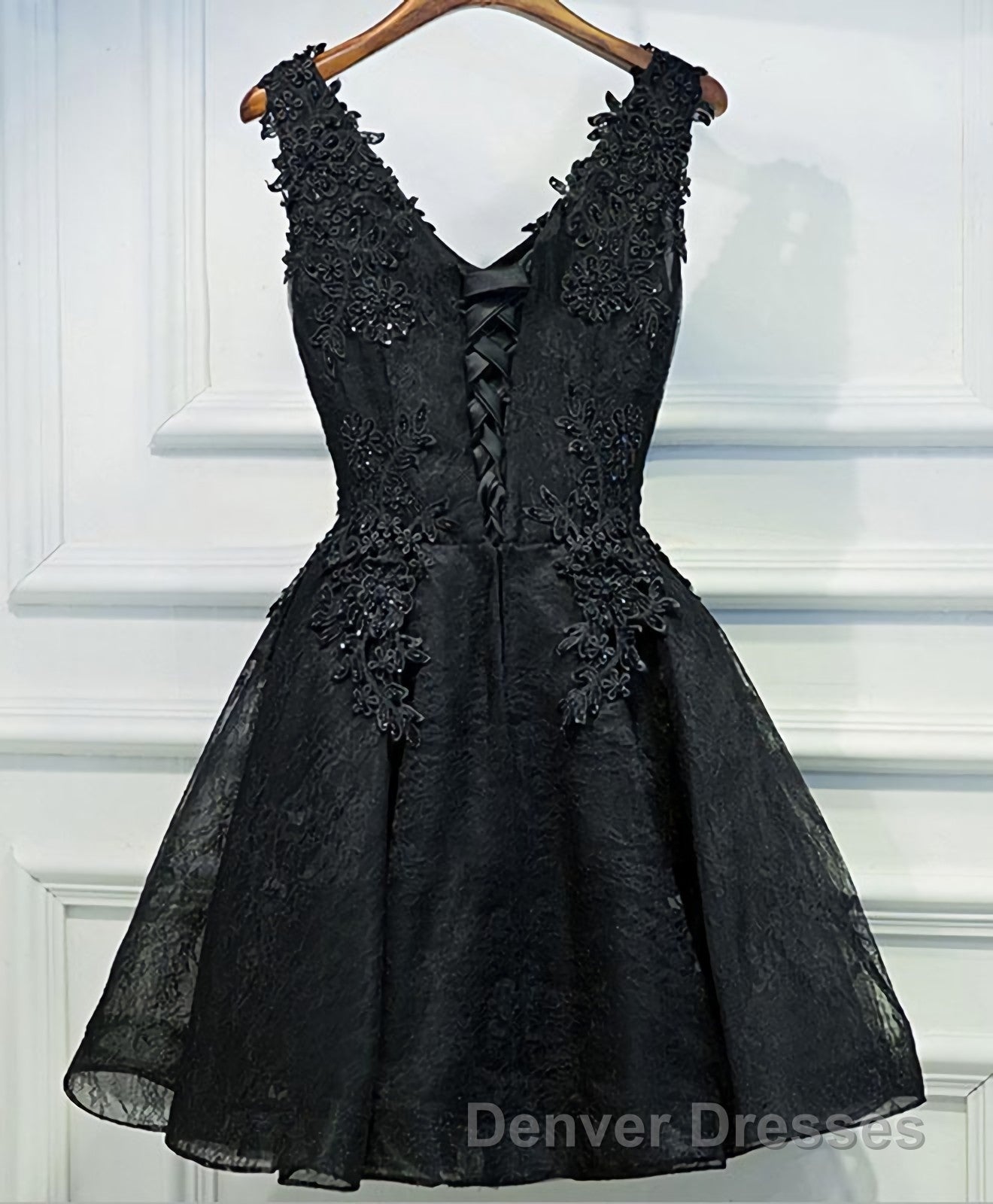 Black V Neck Lace Short Prom Dress, Homecoming Dress, Homecoming Dress