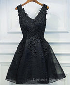 Black V Neck Lace Short Prom Dress, Homecoming Dress, Homecoming Dress