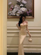 Chic Mermaid Off The Shoulder Long Sleeves White Long Prom Dresses Birthday Dress