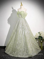 Sage A-Line Off The Shoulder Glittering Tulle Sequins Long Prom Dress Sweet 16 Dress
