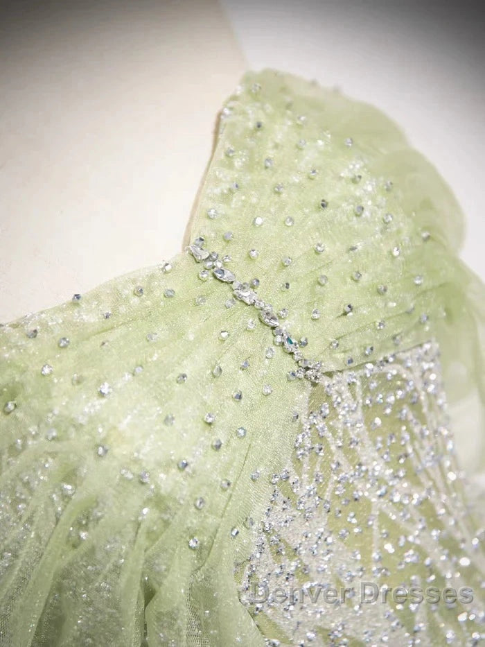 Sage A-Line Off The Shoulder Glittering Tulle Sequins Long Prom Dress Sweet 16 Dress