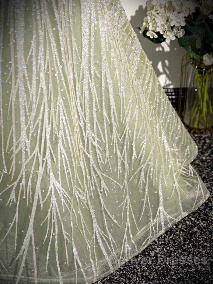 Sage A-Line Off The Shoulder Glittering Tulle Sequins Long Prom Dress Sweet 16 Dress