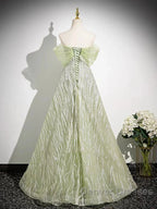 Sage A-Line Off The Shoulder Glittering Tulle Sequins Long Prom Dress Sweet 16 Dress