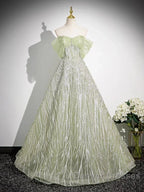 Sage A-Line Off The Shoulder Glittering Tulle Sequins Long Prom Dress Sweet 16 Dress