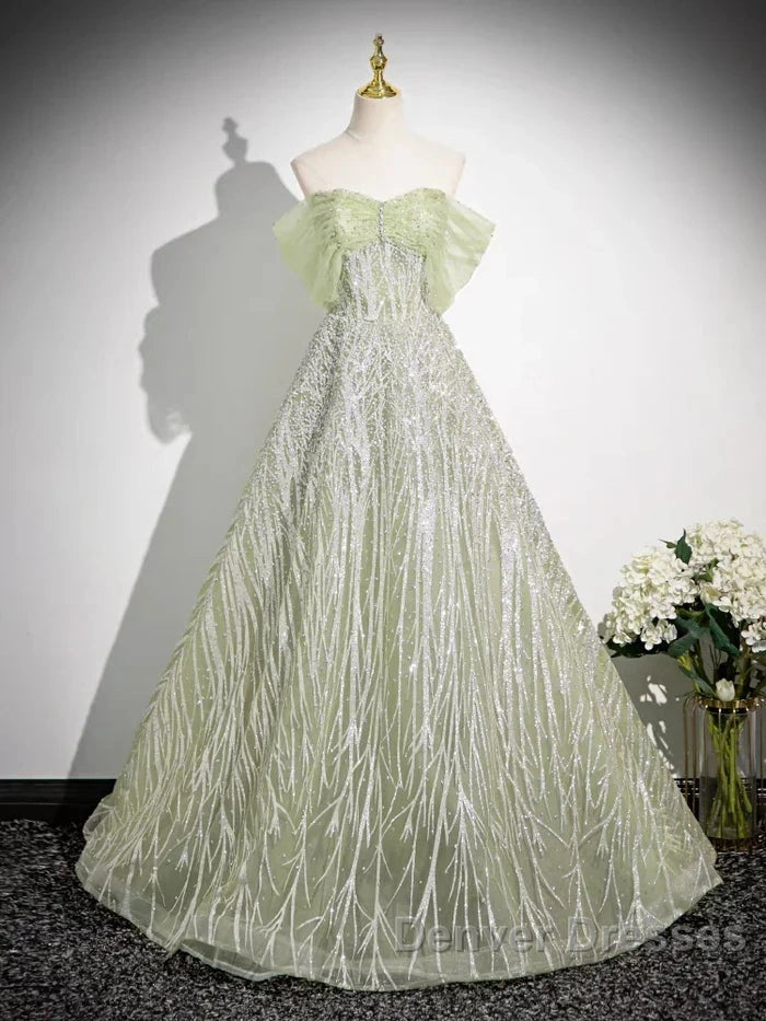 Sage A-Line Off The Shoulder Glittering Tulle Sequins Long Prom Dress Sweet 16 Dress