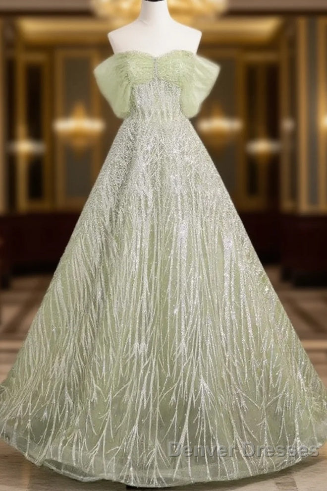 Sage A-Line Off The Shoulder Glittering Tulle Sequins Long Prom Dress Sweet 16 Dress Main image