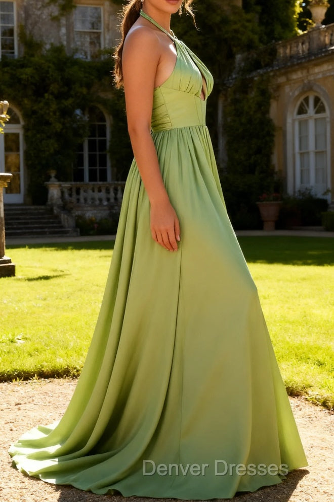 Sage Green A Line Satin Corset Keyhole Long Prom Dresss with Slit