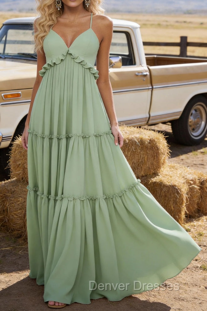Sage Green A-line V Neck Sleeveless Floor-Length Chiffon Prom Dress Long Prom Dresses Backless with Pleated Ruffles Secondary image