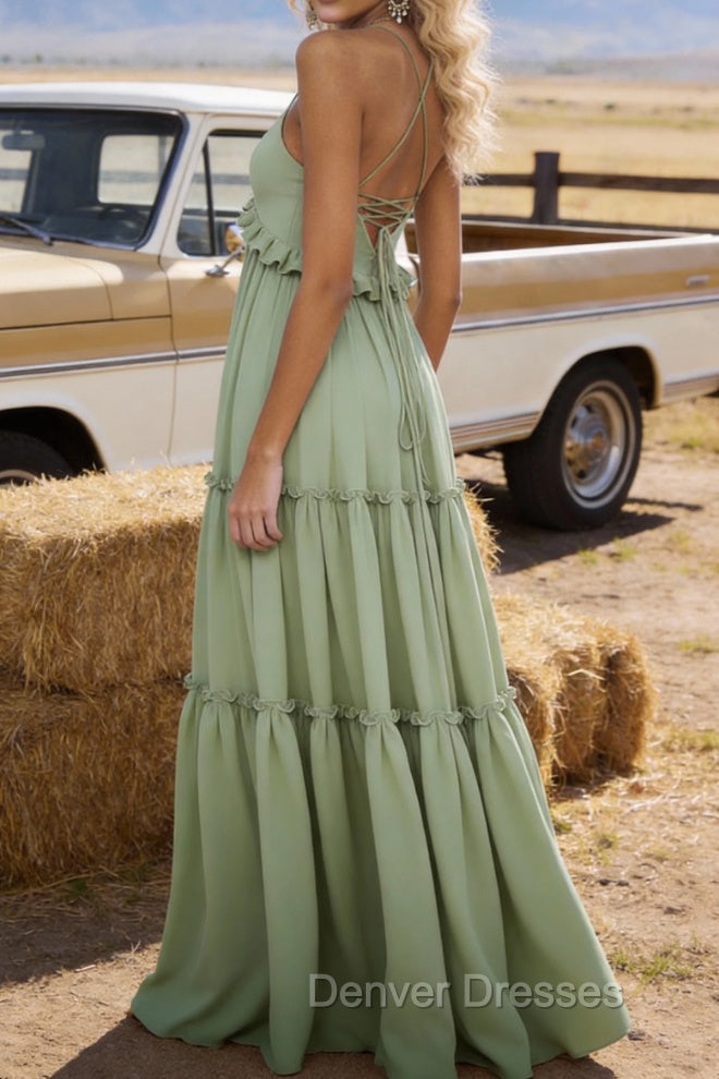 Sage Green A-line V Neck Sleeveless Floor-Length Chiffon Prom Dress Long Prom Dresses Backless with Pleated Ruffles