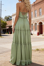 Sage Green A-line V Neck Sleeveless Floor-Length Chiffon Prom Dress Long Prom Dresses Backless with Pleated Ruffles