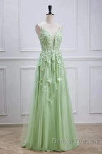 Sage Green Long Prom Dress Lace Appliques V Neck Lace-Up