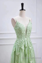 Sage Green Long Prom Dress Lace Appliques V Neck Lace-Up