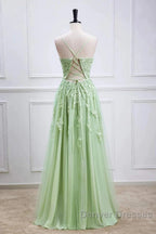 Sage Green Long Prom Dress Lace Appliques V Neck Lace-Up
