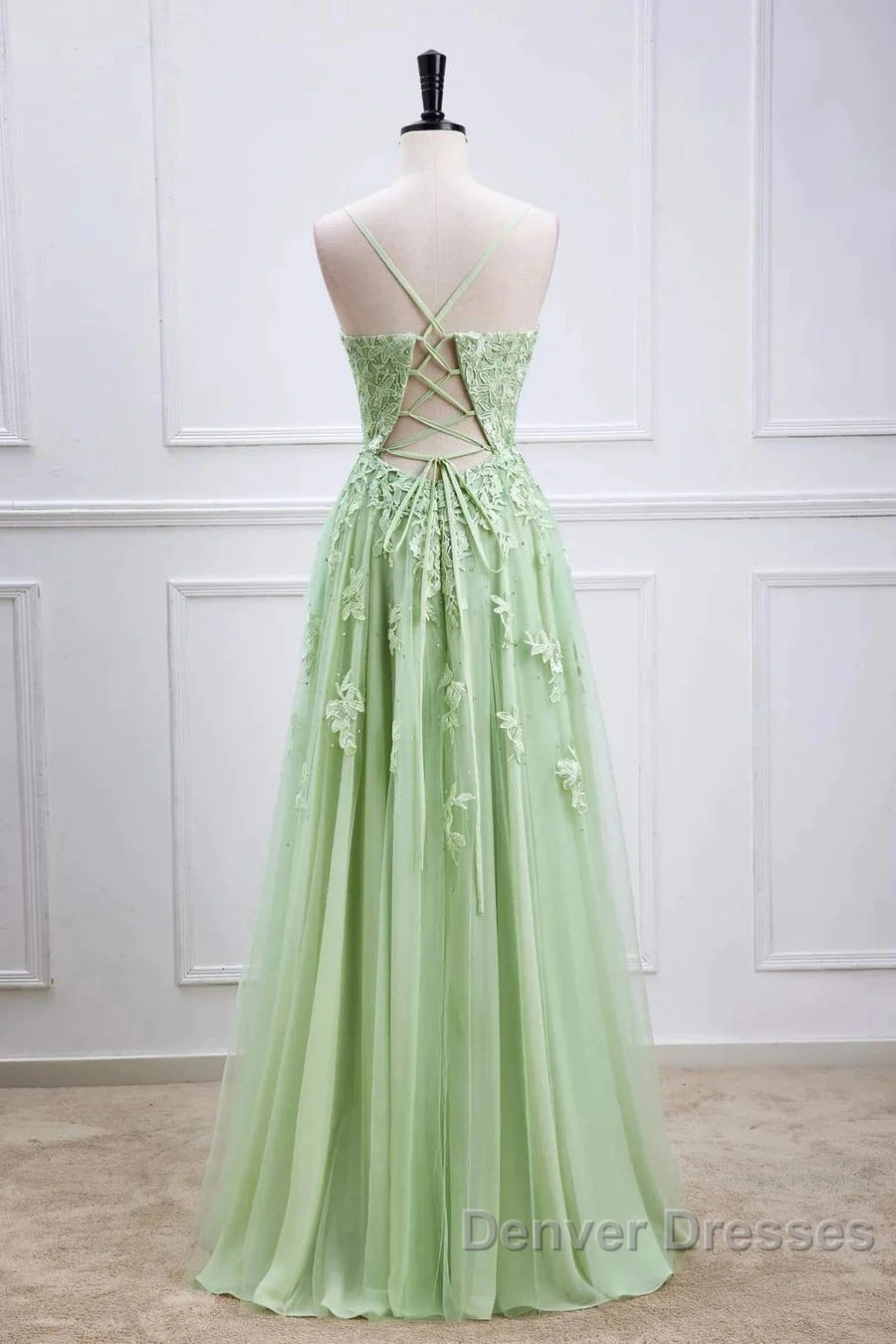 Sage Green Long Prom Dress Lace Appliques V Neck Lace-Up