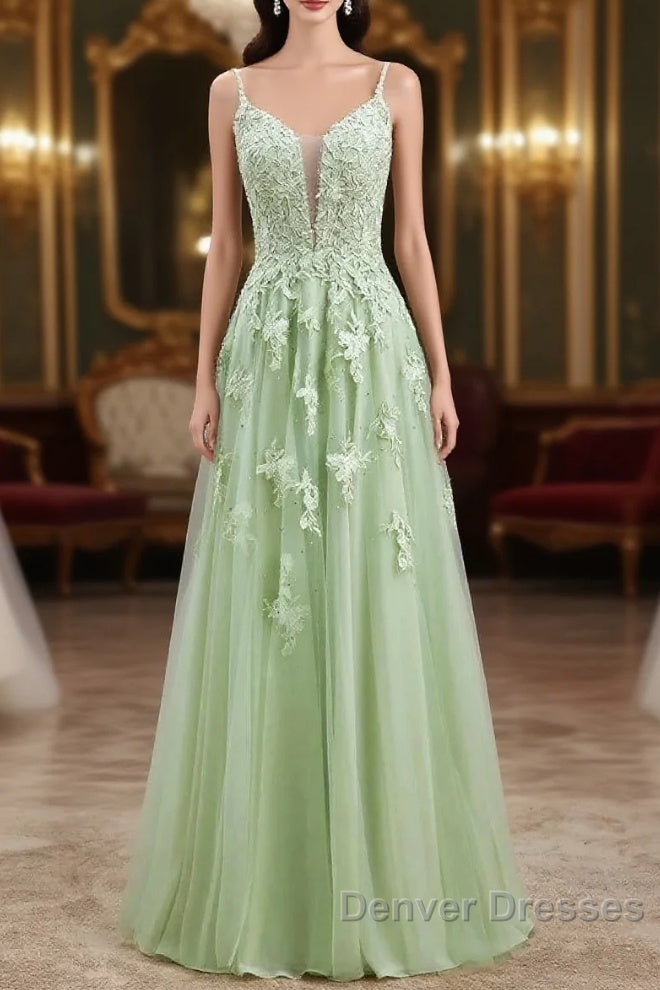 Sage Green Long Prom Dress Lace Appliques V Neck Lace-Up Main image