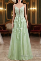 Sage Green Long Prom Dress Lace Appliques V Neck Lace-Up