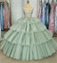 Sage Green  Luxury Tiered Tulle Ruffles Beaded Ball Gown Quinceanera Dress
