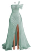 Sage Green Off Shoulder Mermaid Prom Dresses Luxurious Silver Bead Trumpet Formal Dresses