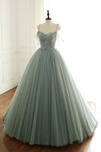 Sage Green Tulle Long Ball Gown With Spaghetti Straps, Sage Green Sweet 16 Dress Prom Gown