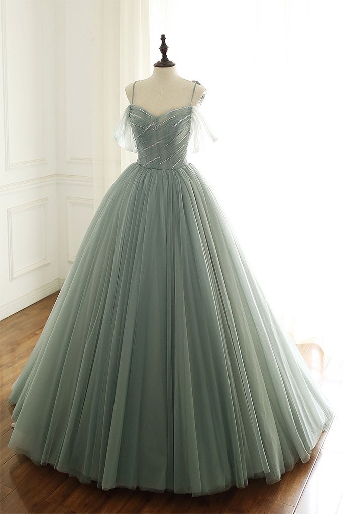 Sage Green Tulle Long Ball Gown With Spaghetti Straps, Sage Green Sweet 16 Dress Prom Gown