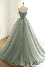 Sage Green Tulle Long Ball Gown With Spaghetti Straps, Sage Green Sweet 16 Dress Prom Gown