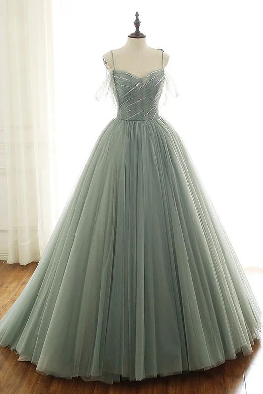 Sage Green Tulle Long Ball Gown With Spaghetti Straps, Sage Green Sweet 16 Dress Prom Gown