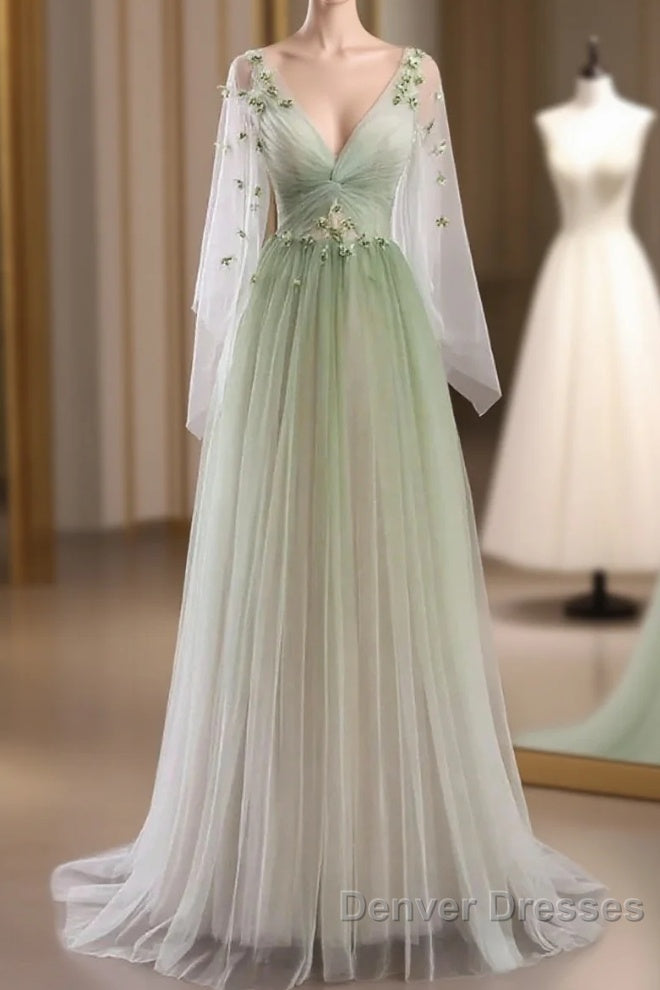 Sage Green Tulle Long Sleeve 3D Flower Prom Dress Main image