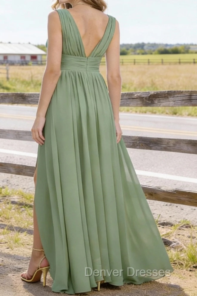 Sage Green V Neck Chiffon Floor Length Bridesmaid Dresses Long Bridesmaid Dress With Pleated Split Secondary image