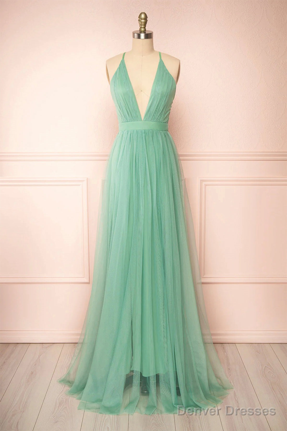 Sage Green V-Neck Tulle Long Prom Dress, Simple Backless Evening Dress Secondary image