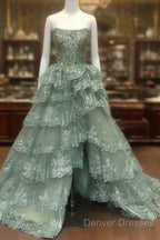 Sage Tiered Lace Strapless Dress