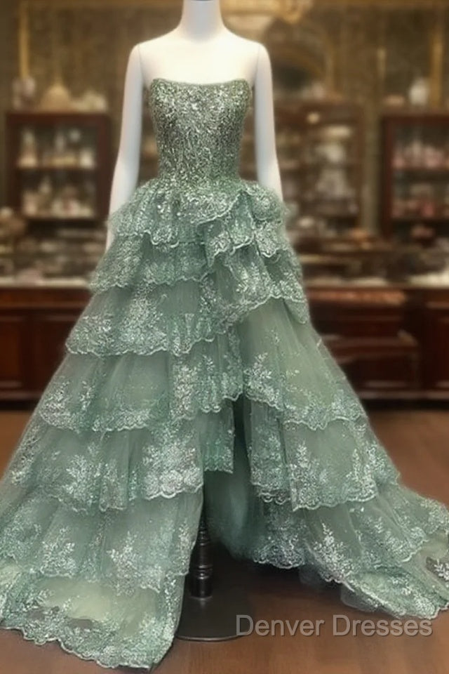 Sage Tiered Lace Strapless Dress
