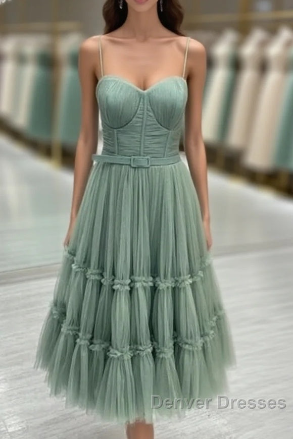 Sage Tiered Tulle Tea Length Corset Dress Main image