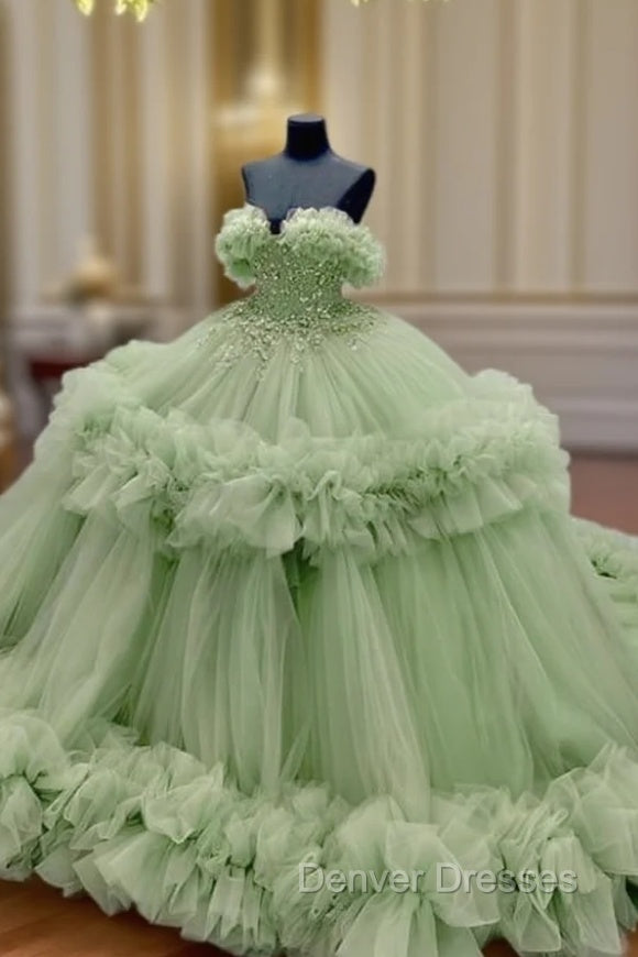 Sage Tulle Ruffless Ball Gown Appliques Dress Main image