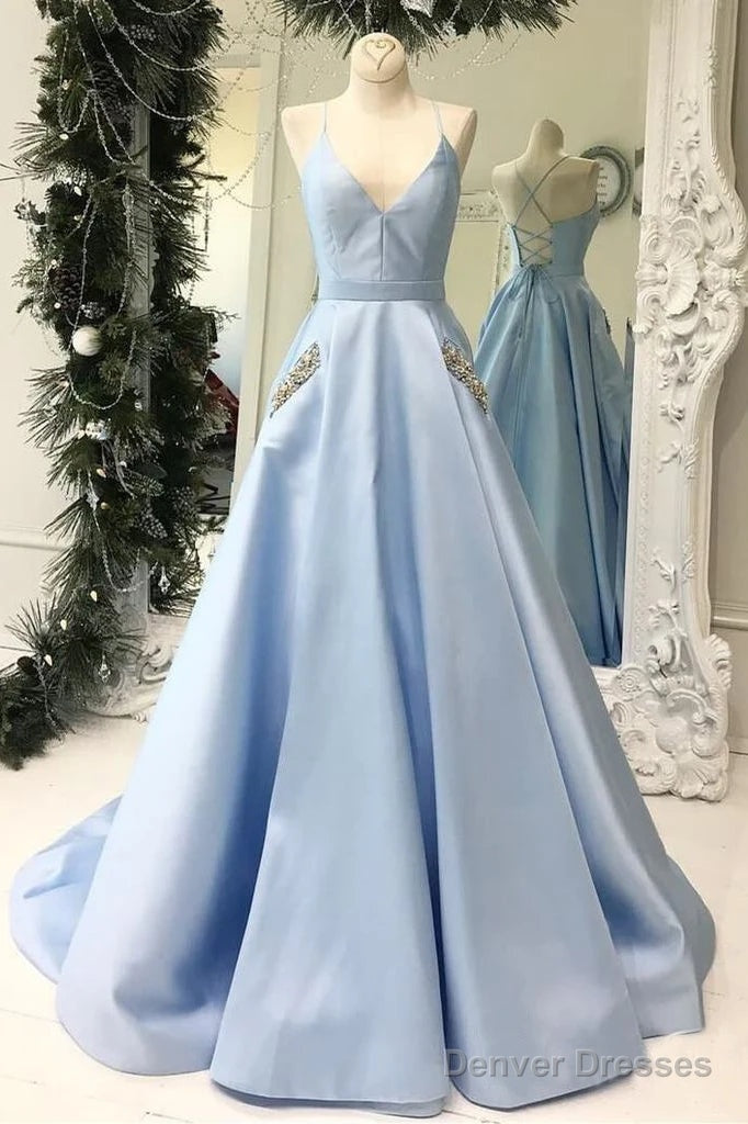 Satin A Line Beading Spaghetti Straps Sky Blue Pockets Prom Dress Main image