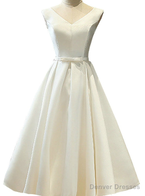Satin A-Line Short V Neck Sashes Lace Up Tea Length Bridal Dresses Main image
