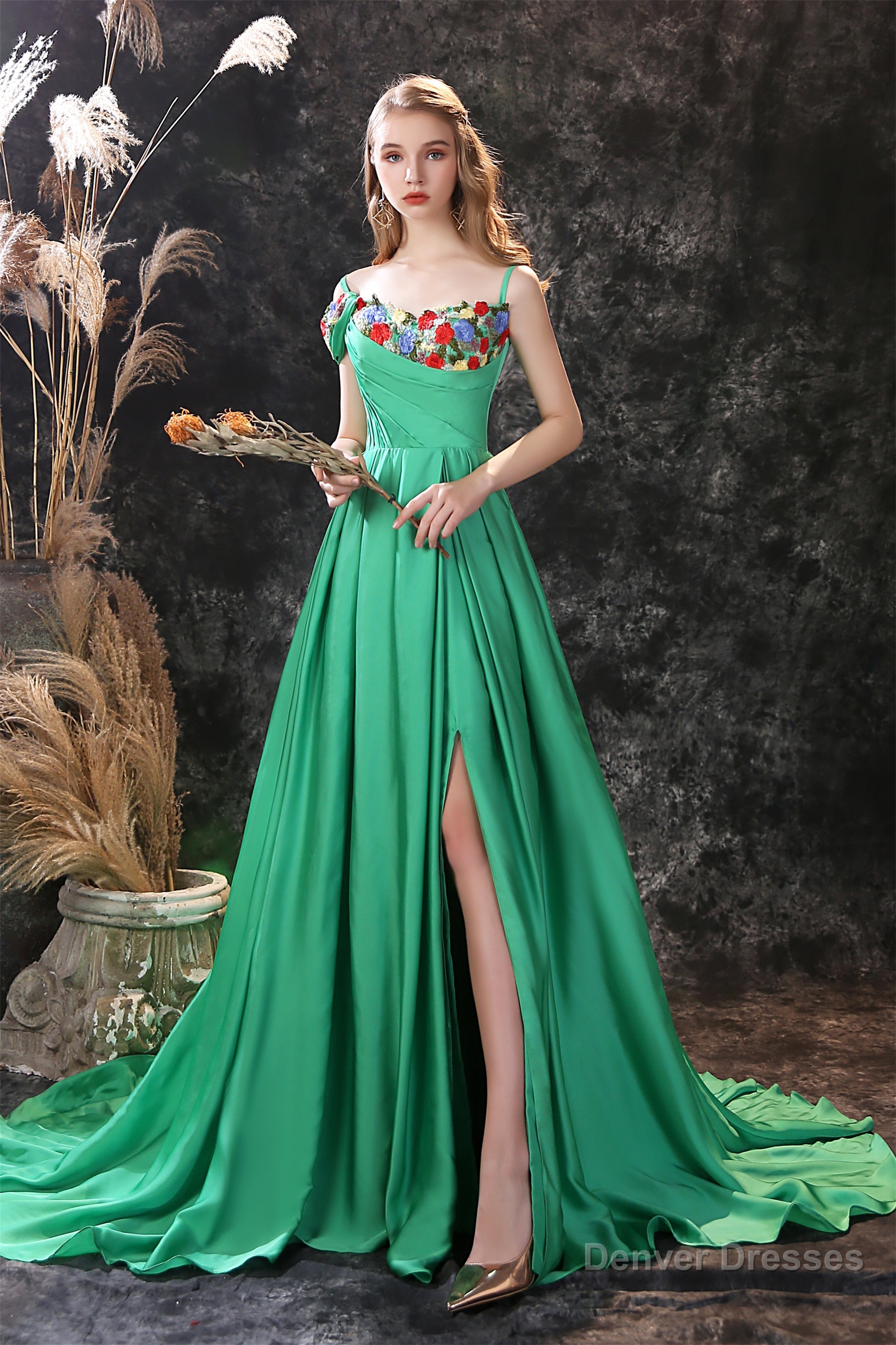Satin Floral Applique High Split A Line Court Train Prom Dresses Secondary image