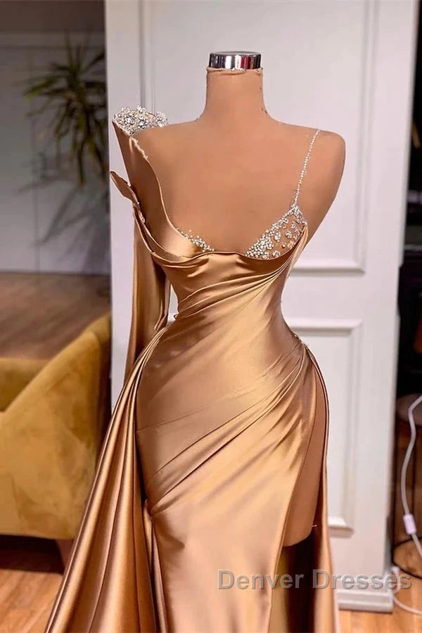 Satin Gold One Shoulder Mermaid Prom Dress With Slit Secondary image