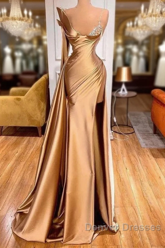 Satin Gold One Shoulder Mermaid Prom Dress With Slit Main image