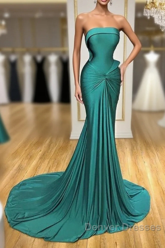 Satin Green Trumpet Mermaid Strapless Ruched Prom Dress Main image