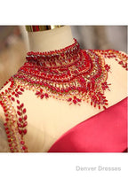 Satin High Collar Long Sleeve Beading Prom Evening Dress