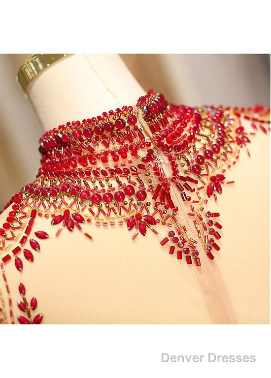 Satin High Collar Long Sleeve Beading Prom Evening Dress