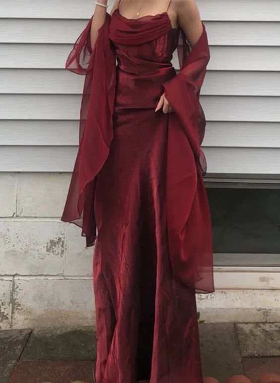 Long Spaghetti Straps Simple Burgundy Prom Dress Birthday Outfits Main image