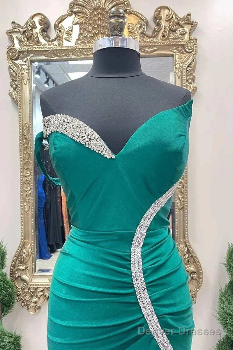 Satin Mermaid Asymmetrical Green Prom Dress With Slit