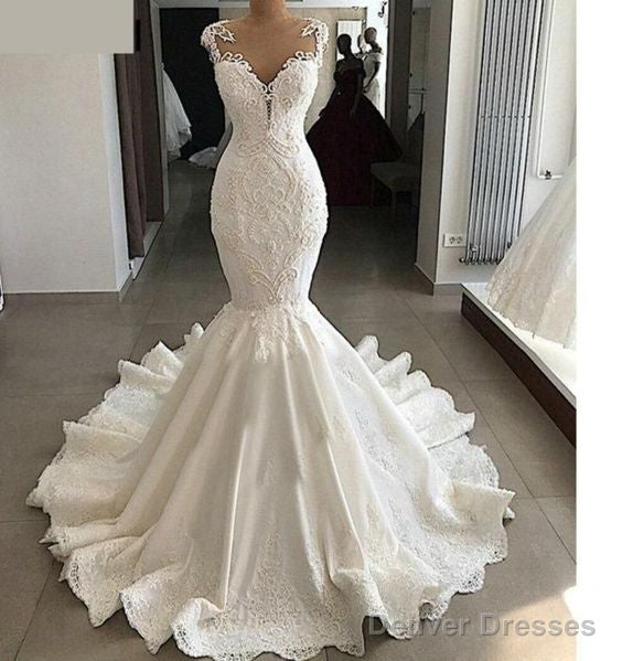 Satin Mermaid Wedding Dress With Sheer Back, Beading And Lace Prom Dress Main image