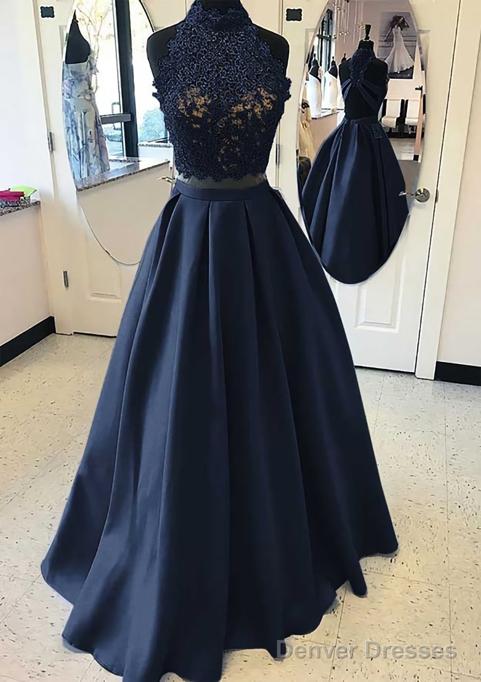Satin Prom Dresses A-Line/Princess High-Neck Long/Floor-Length With Lace