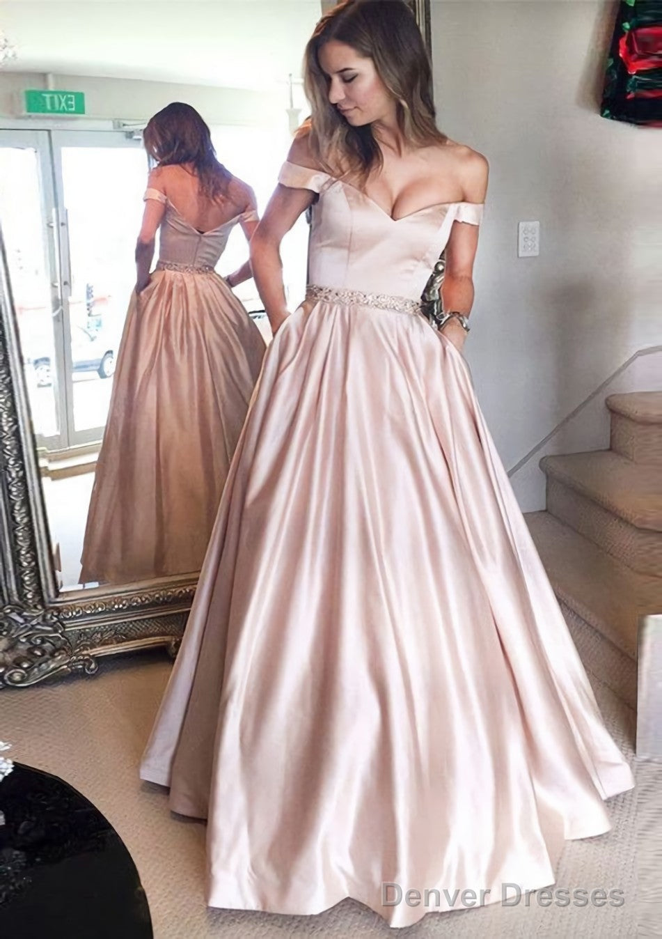 Satin Prom Dresses A-Line/Princess Off-The-Shoulder Long/Floor-Length With Beaded Main image