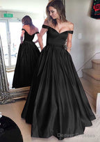 Satin Prom Dresses A-Line/Princess Off-The-Shoulder Long/Floor-Length With Beaded