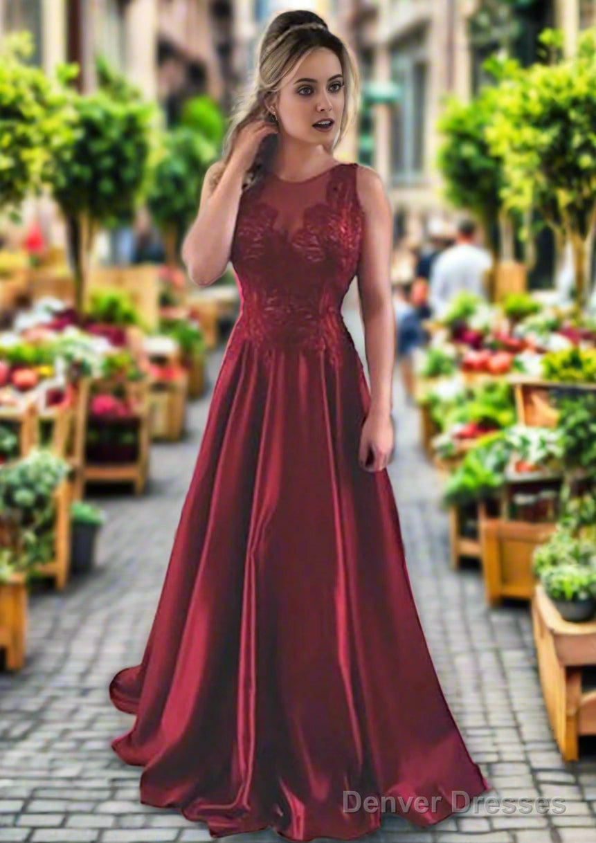 Satin Prom Dresses A-Line/Princess Scoop Neck Sweep Train With Appliqued Main image