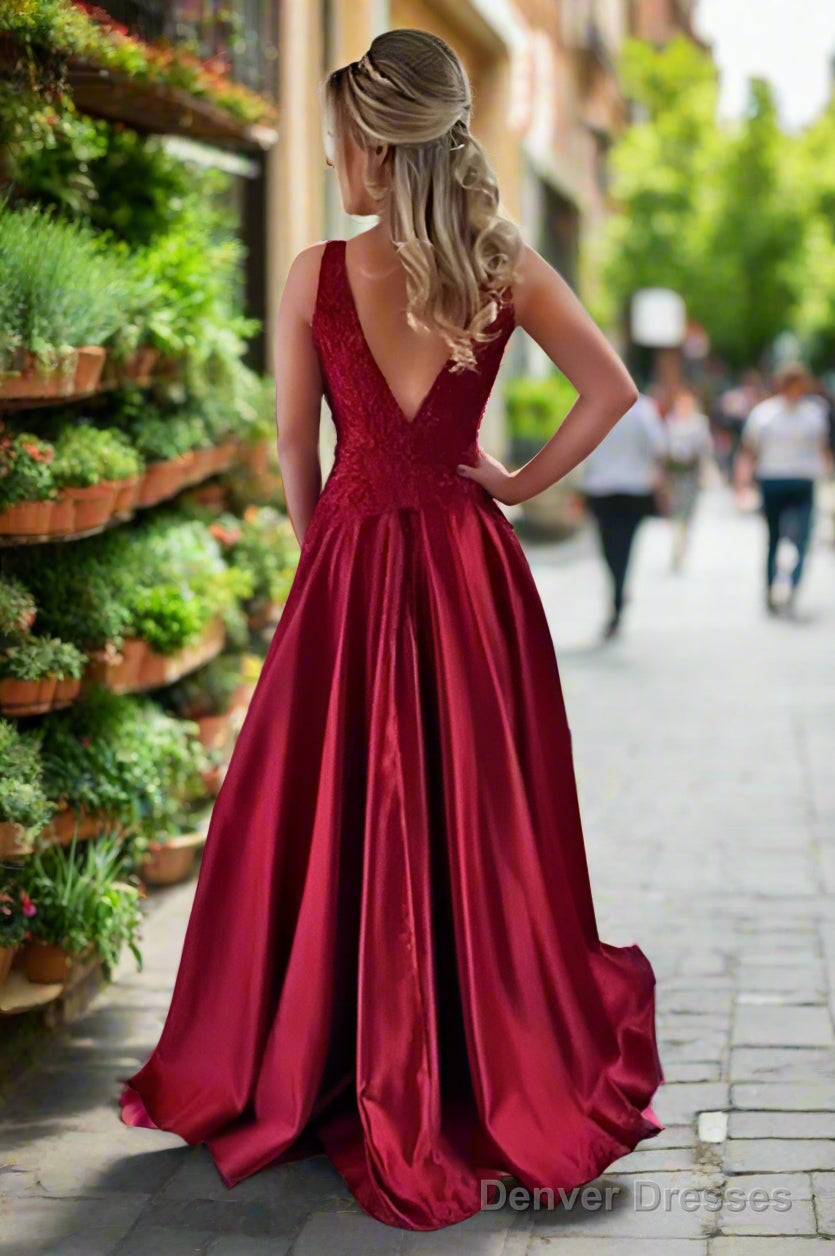 Satin Prom Dresses A-Line/Princess Scoop Neck Sweep Train With Appliqued Secondary image